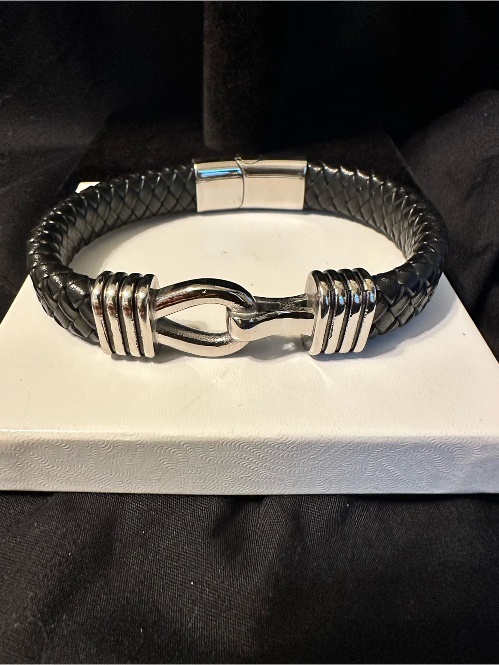 Jean Claude Black Braided Leather Men's Bracelet with Silver Hook Accent